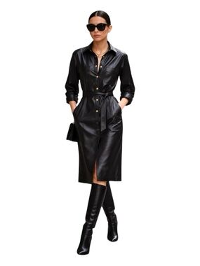 J.Crew Faux Leather Shirt Dress Black Belted Midi Suze 6 Streetwear Moto Office